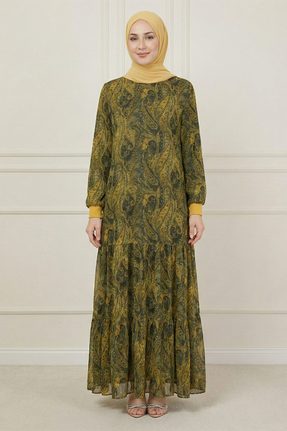 Women's Ethnic Pattern Crew Neck Lined Skirt Chiffon Modest Dress-Oil Green