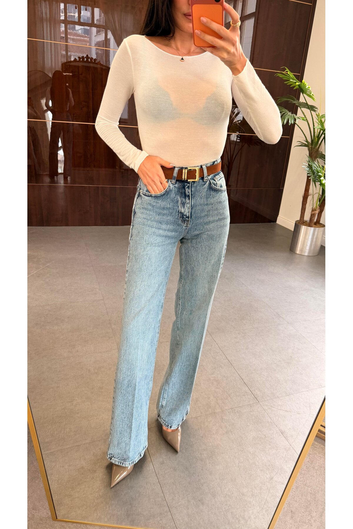 BOLESA GİYİM  Açık Mavi Süet Kemerli Wide-Leg Jean Pantolon