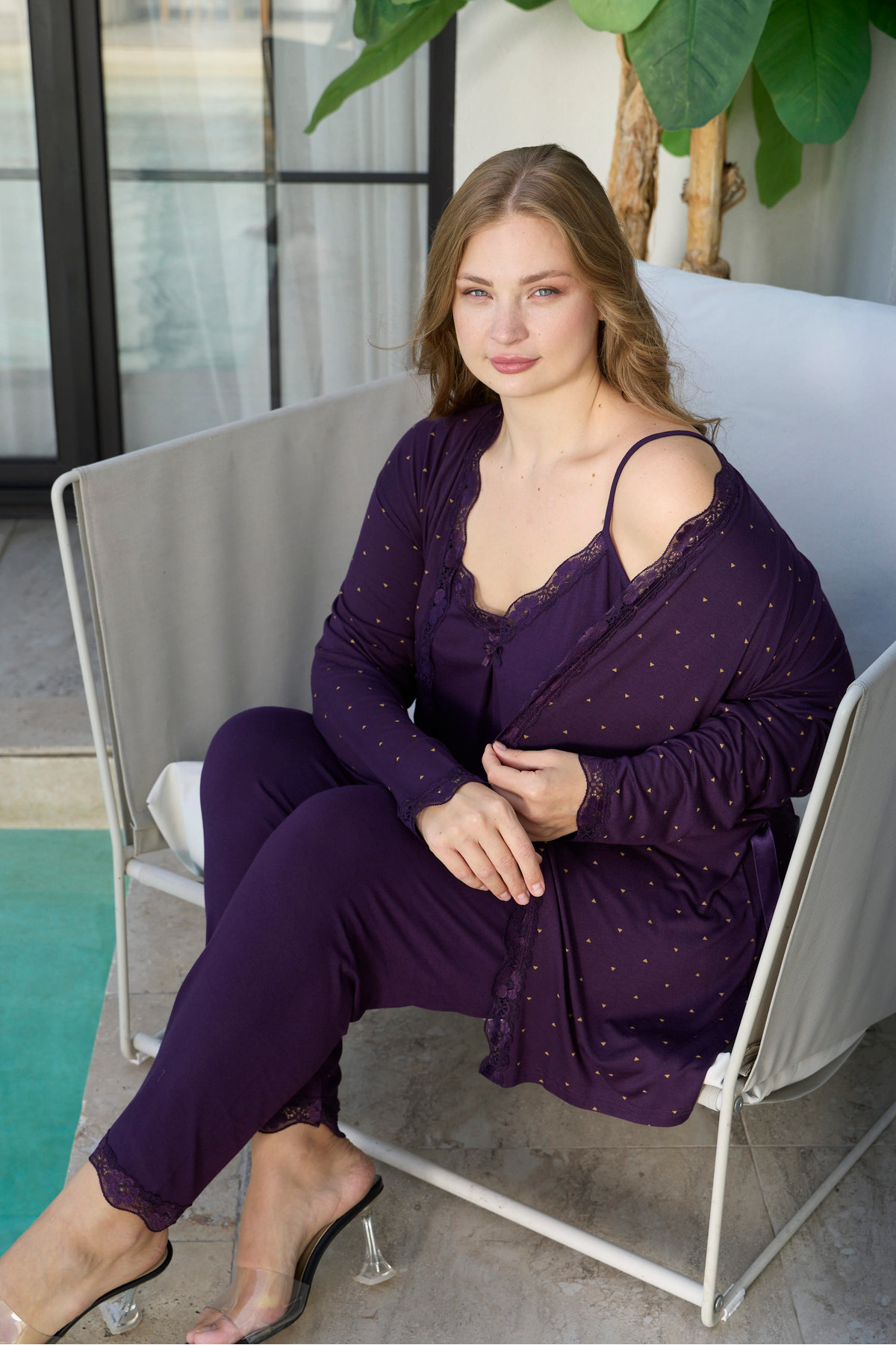 Miss Meryem  Mor Ring Viskon 3'lü Desenli Büyük Beden Sabahlık Pijama Takım - Görsel 3