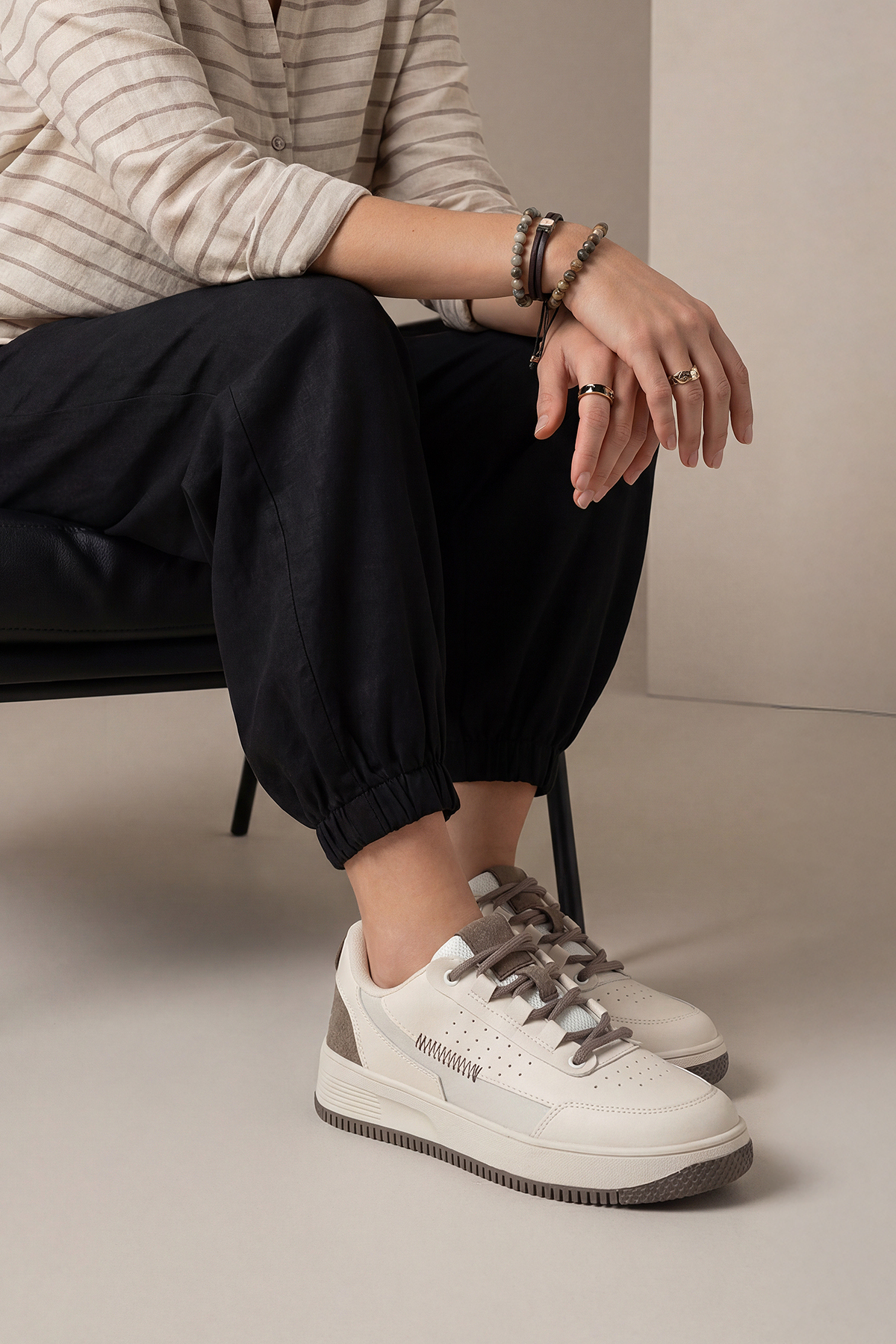 Marjin  Kadın Sneaker Yüksek Taban Spor Ayakkabı Loske Ekru - Görsel 2