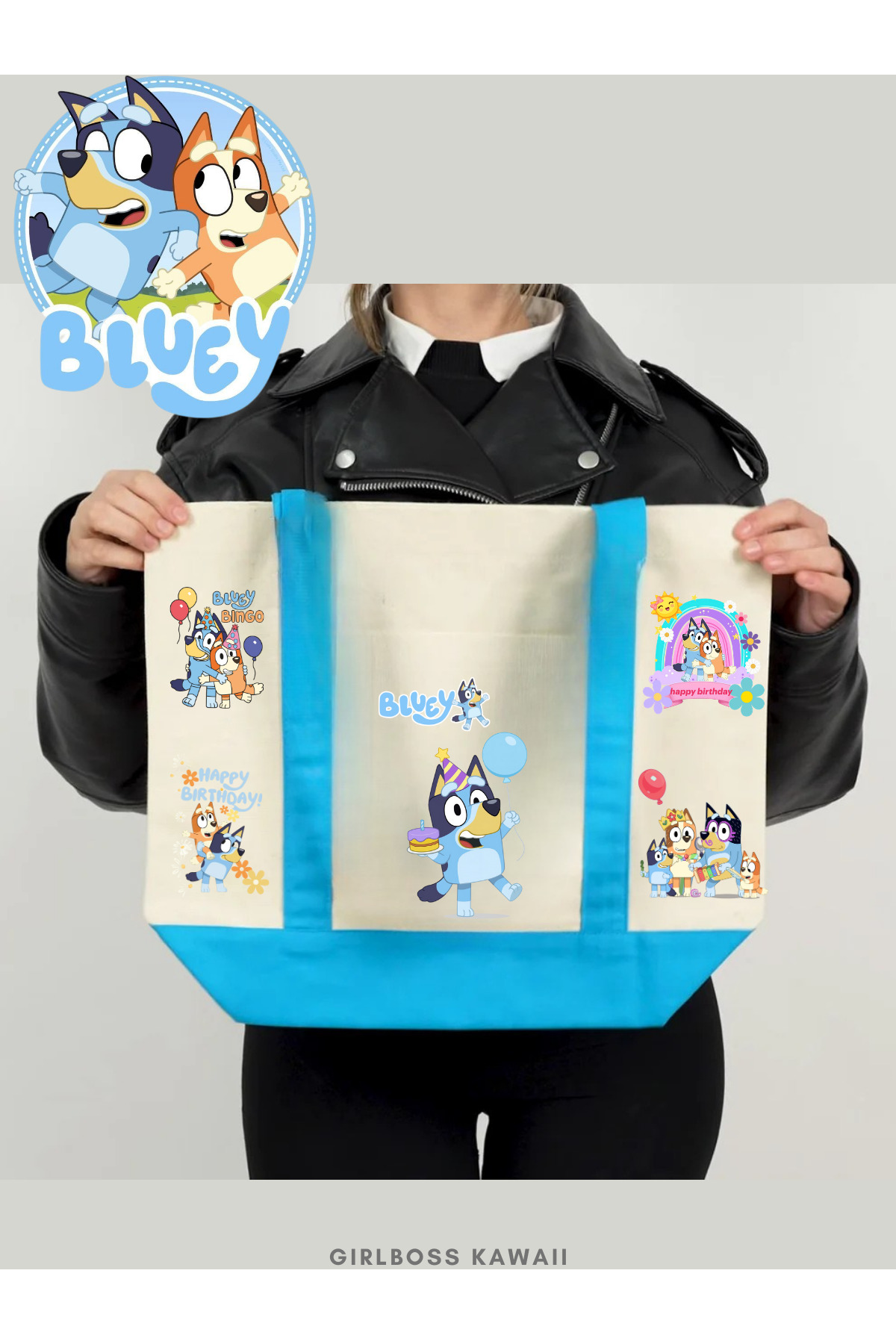 Girlboss Kawaii Bluey ve karakterleri doğum günü ön cepli körüklü büyük kanvas çanta / alışveriş , spor , plaj fotoğrafı 2 (önizleme)