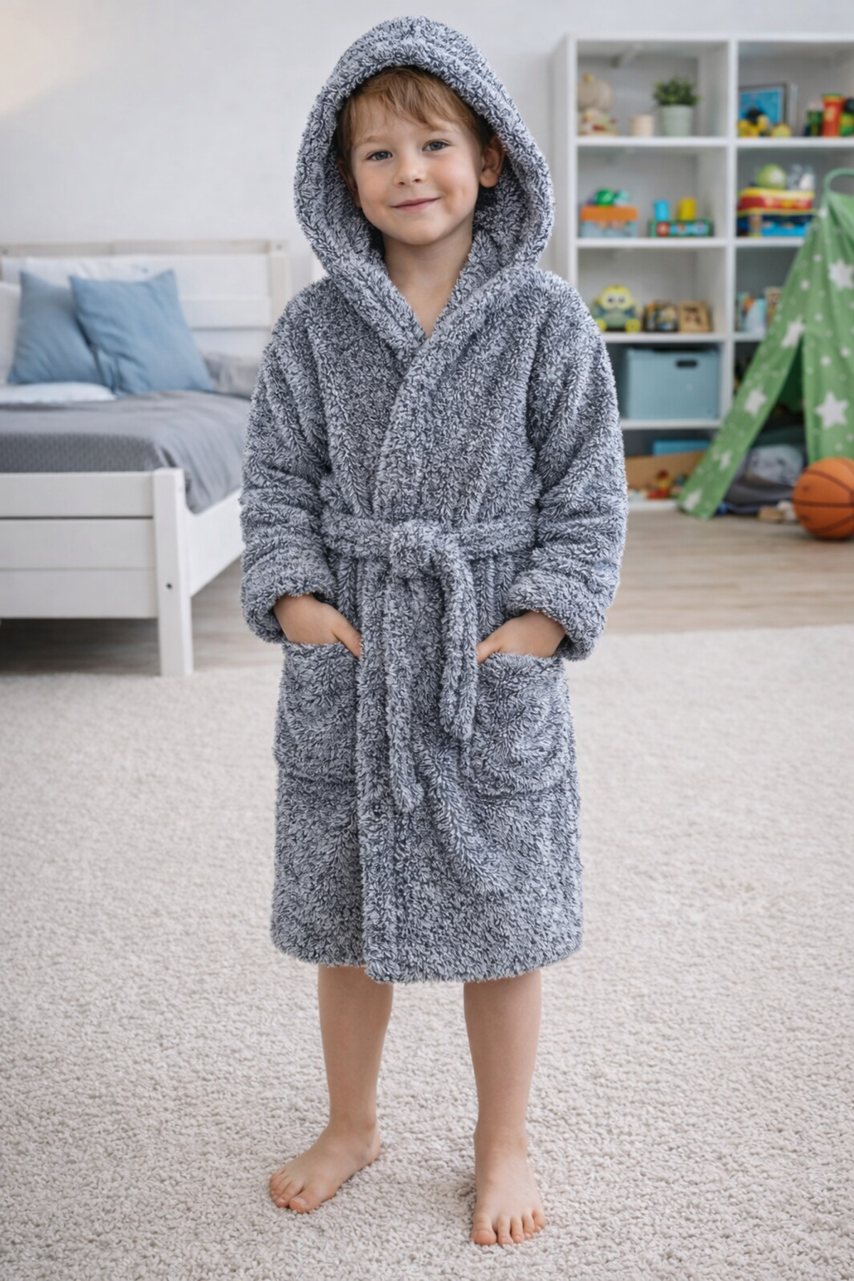 Luna Soft Girls / Boys Hooded Wellsoft Bathrobe Plush Dressing Gown | Anthracite