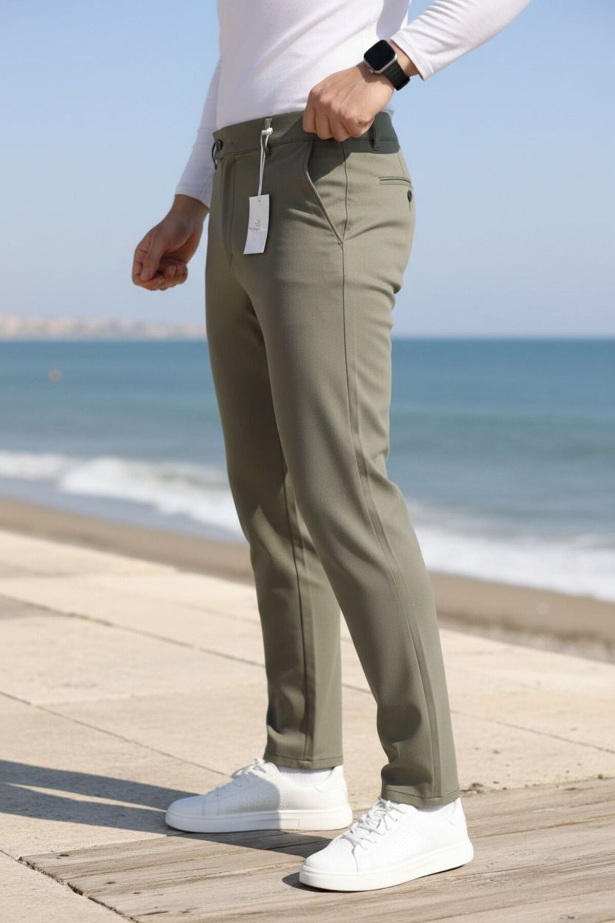 MODAMESTO Erkek Haki Slim Fit Likralı Yan Cep Bilek Boy Düz Kumaş Pantolon görsel 2