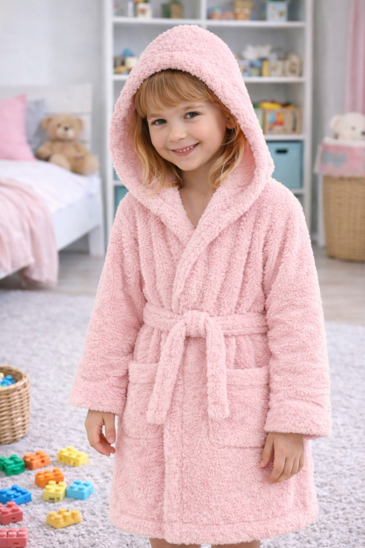 Luna Soft Girls / Boys Hooded Wellsoft Bathrobe Plush Dressing Gown | Powder