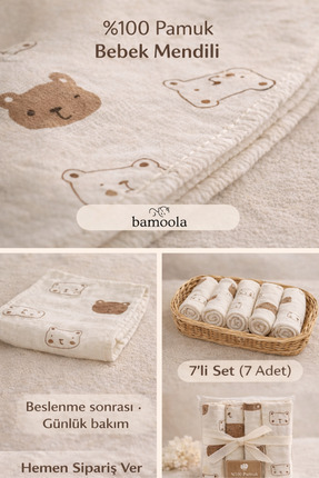 Bamoola %100 Pamuk 7’li Ayı Desenli Bebek Ağız Mendili Seti