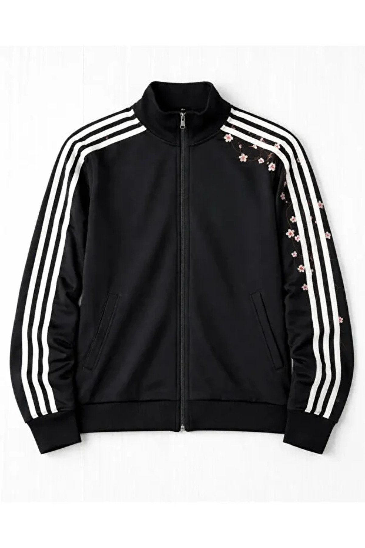 Violon  Siyah Çiçek Nakışlı Şeritli Unisex Fermuarlı Ceket - Görsel 4