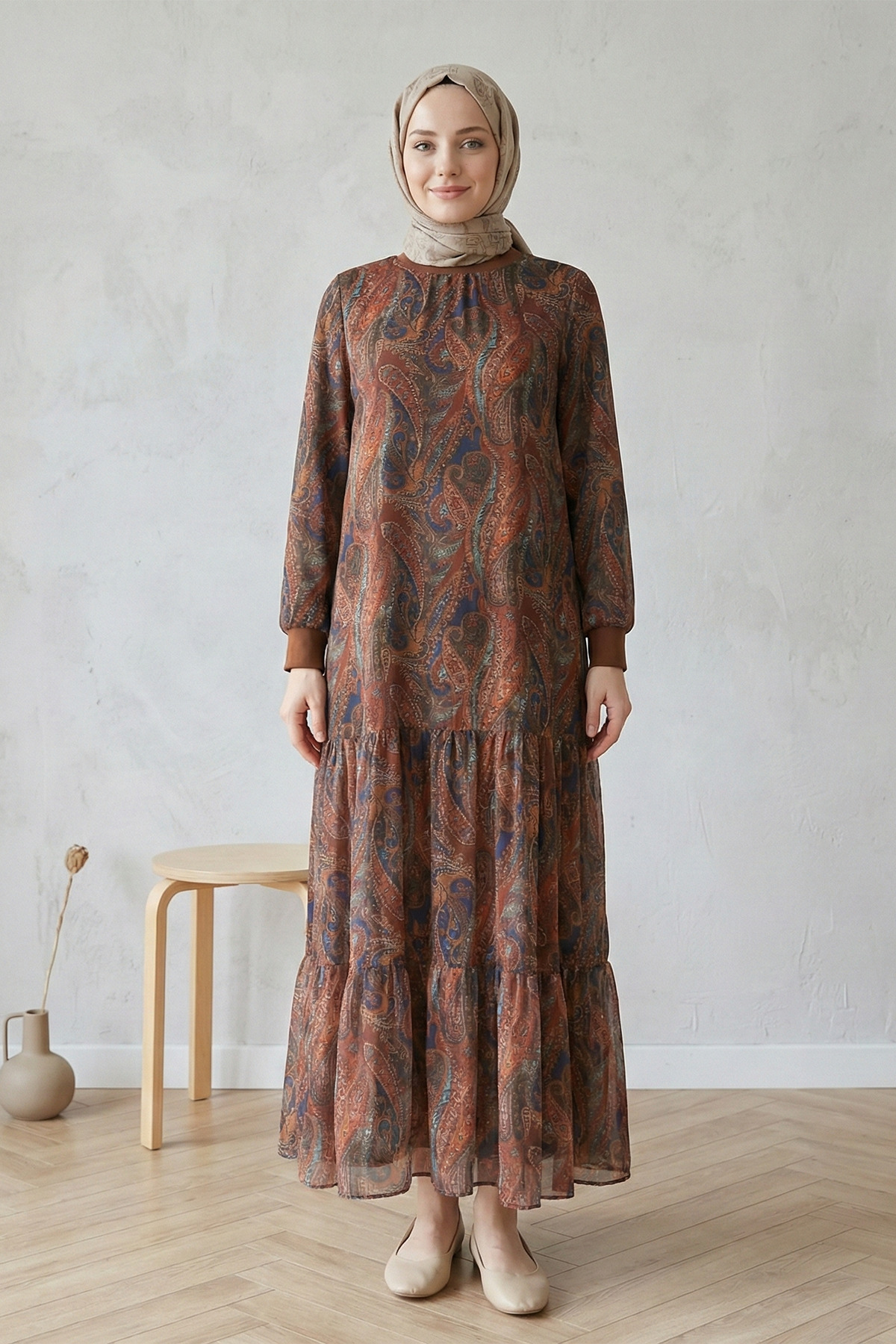 Women's Ethnic Pattern Crew Neck Lined Skirt Chiffon Modest Dress-Brown