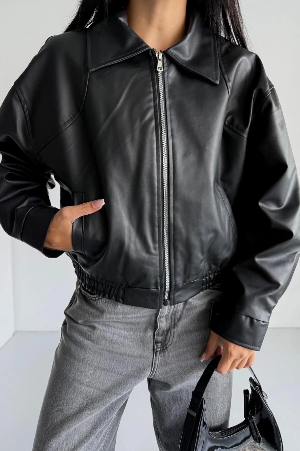 moda armanc  Kadın Oversize Deri Bomber Ceket - Görsel 4