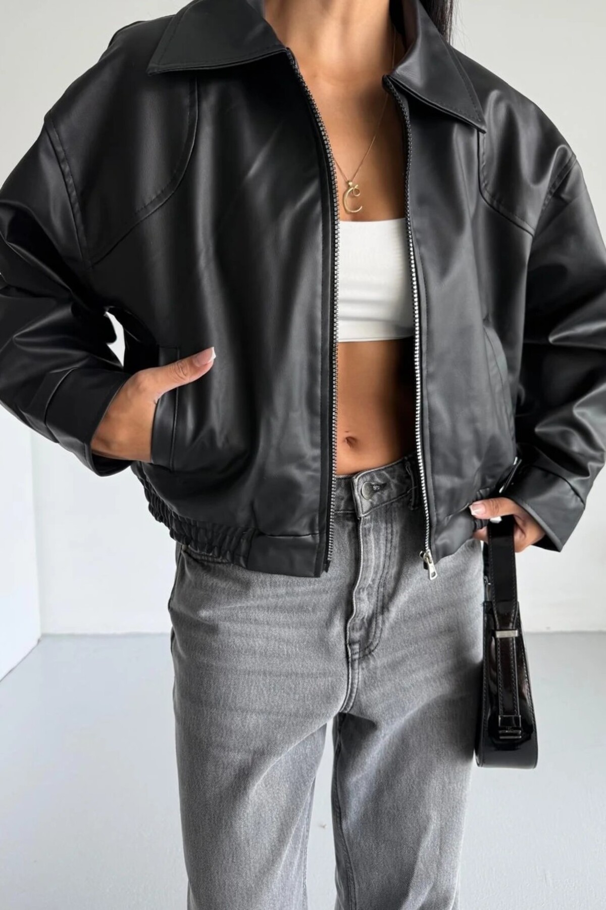 moda armanc  Kadın Oversize Deri Bomber Ceket - Görsel 3