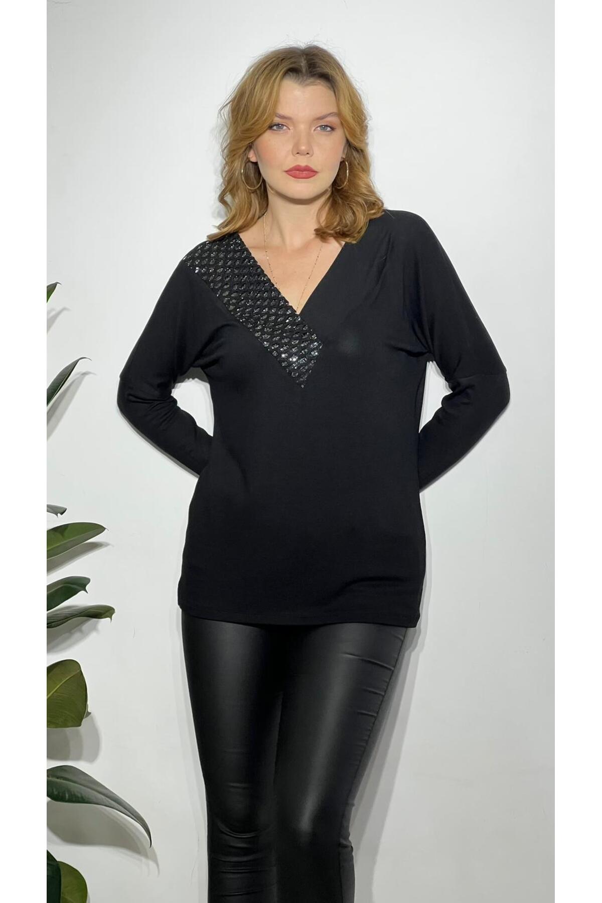 Women's Black Neck Sequin Detailed V-Neck Viscose Blouse
