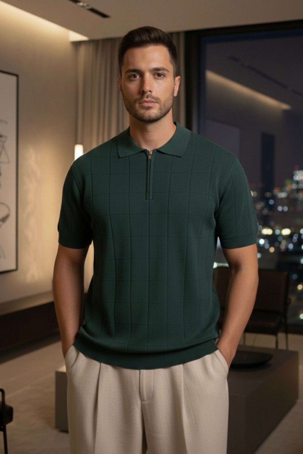 Maccali Men's Striped Premium Green Knitwear Polo Neck T-Shirt