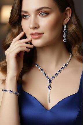 Valmont Accessories Mavi Damla Taşlı 3’lü Kolye, Küpe ve Bileklik Seti - Düğü...