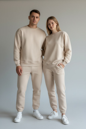 MGTEKSTİL Bej Unisex Çiftlere Özel İçi Polarlı Kışlık 3 İplik Owersize Sweats...