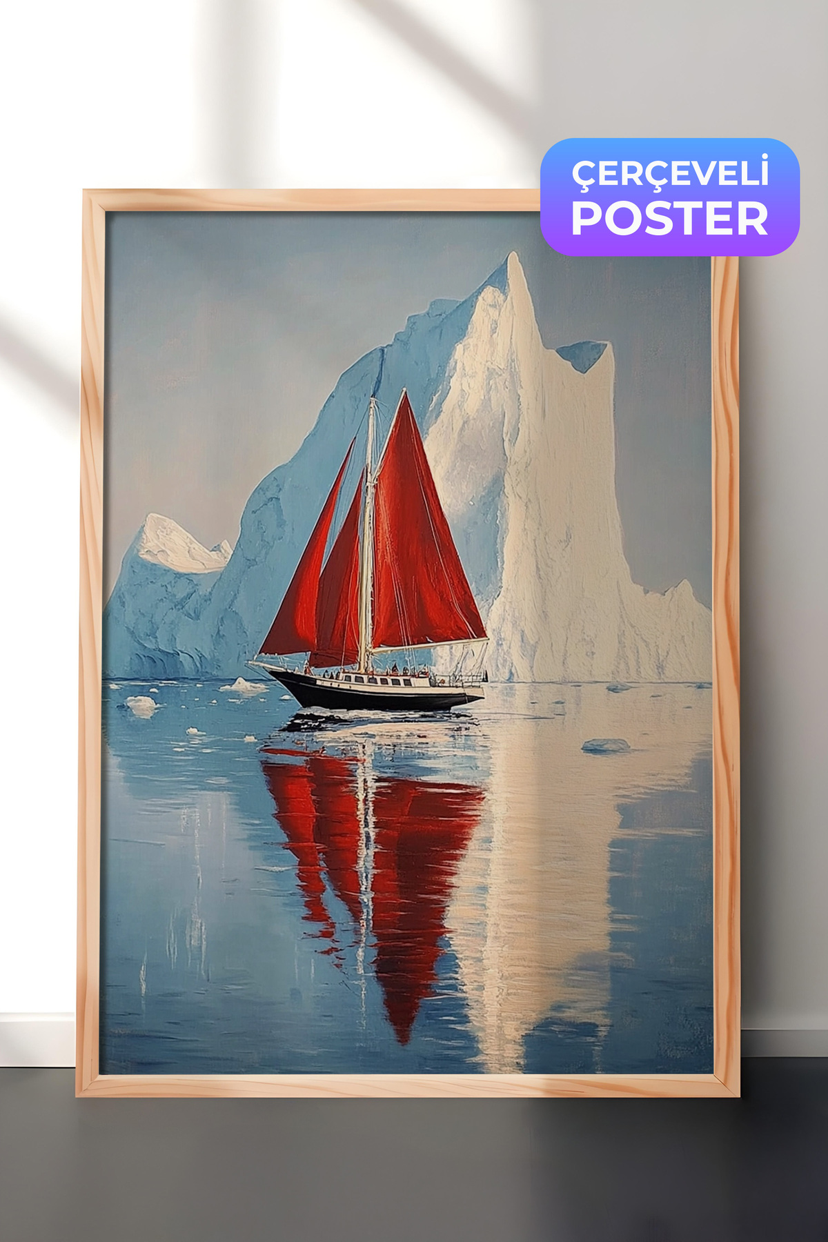 Wooden Framed Wall Table Red Sailboat Lounge Decor Between Ice Mountains