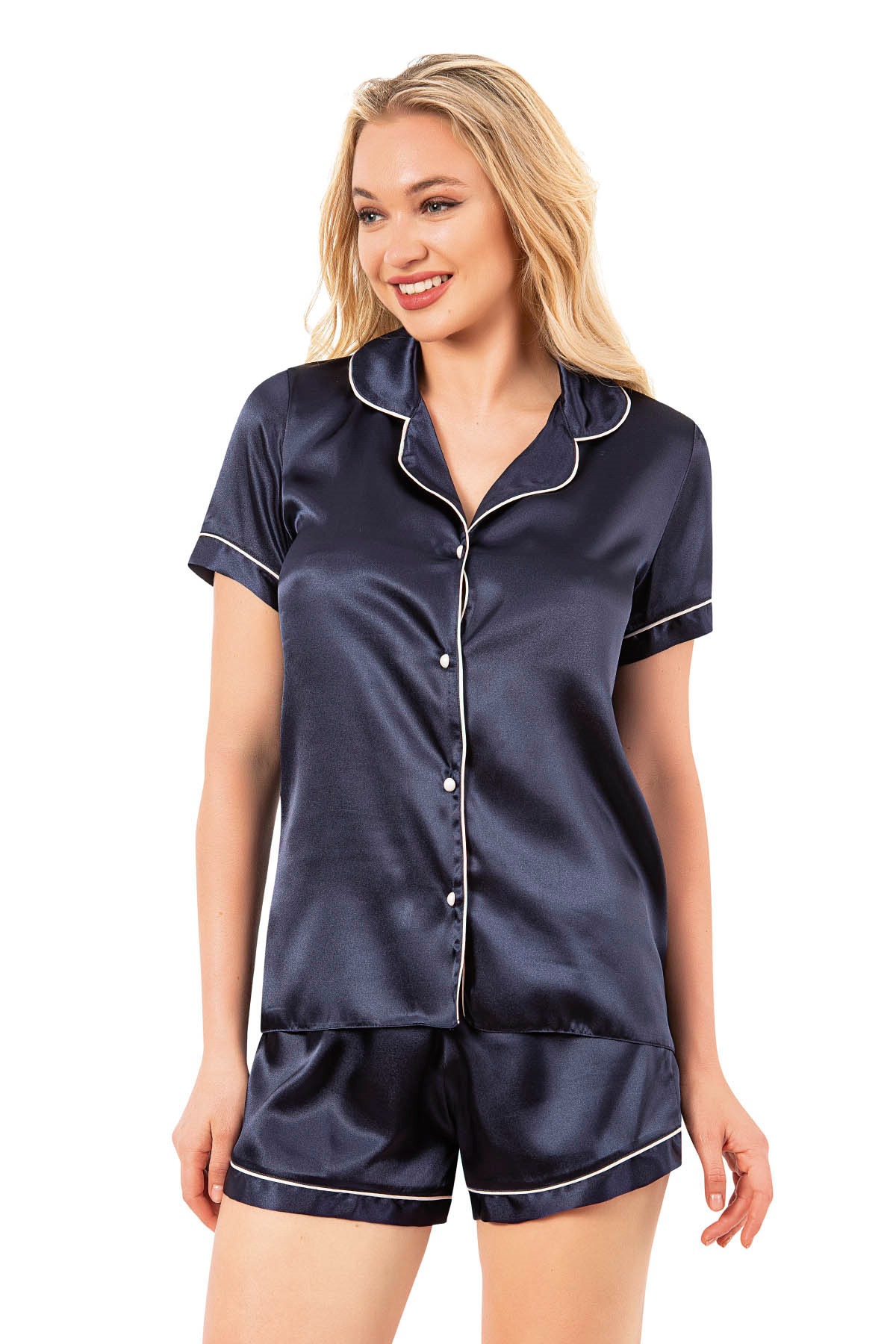 Kompedan Kadın Saten Biyeli Kısa Kol Şortlu Pijama Takım | Lacivert 7847