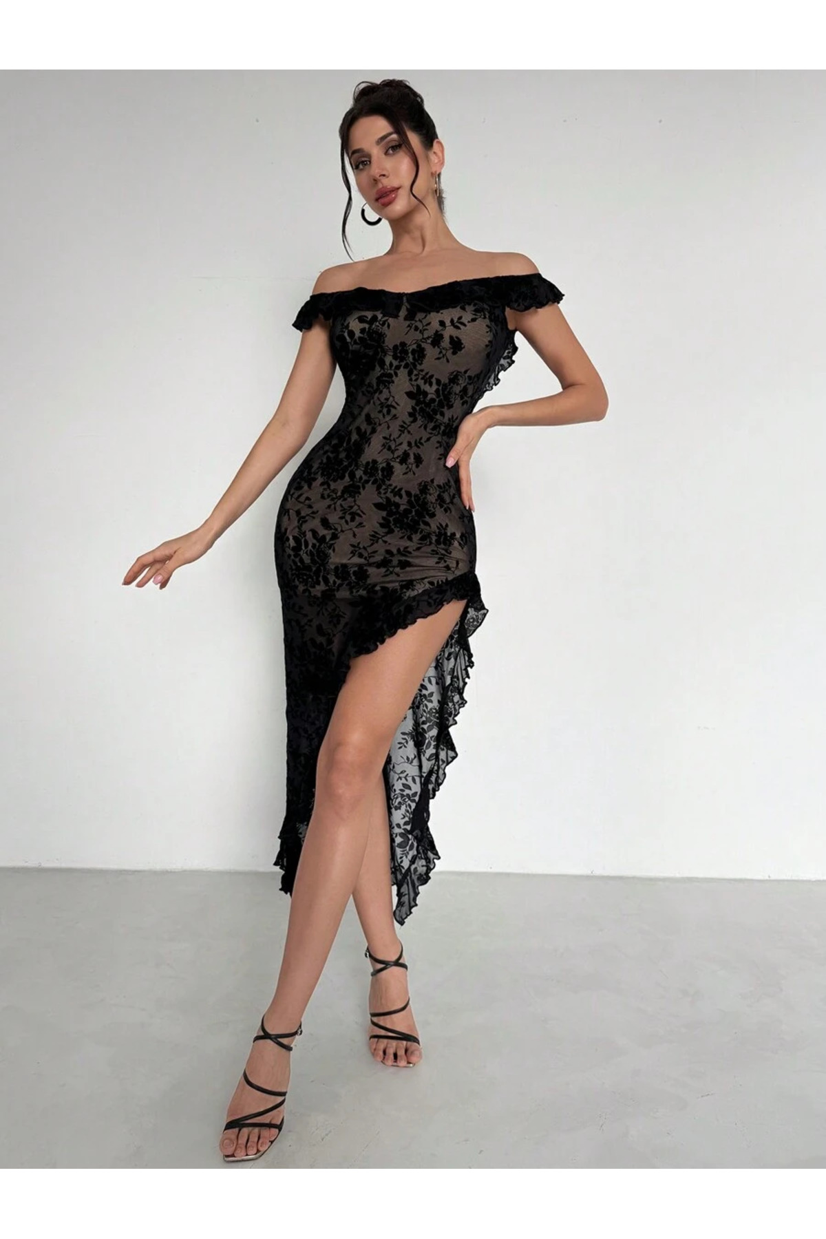 randevu Floral Flocked Printed Slit Dress
