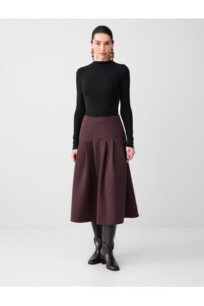 Jimmy Key Acı Kahve Normal Bel Rahat Kesim Beli Fermuarlı Dokuma Midi Etek