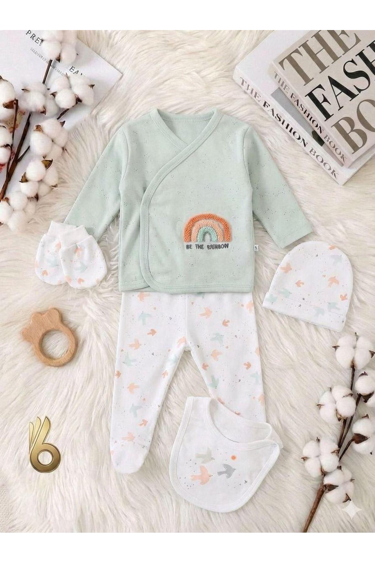 Miniday Baby 5’li Yenidoğan Bebek Hastane Çıkışı Seti Gök Kuşağı Baskılı Kız - Erkek % 100 Pamuklu Unisex Basıc fotoğrafı 2 (önizleme)