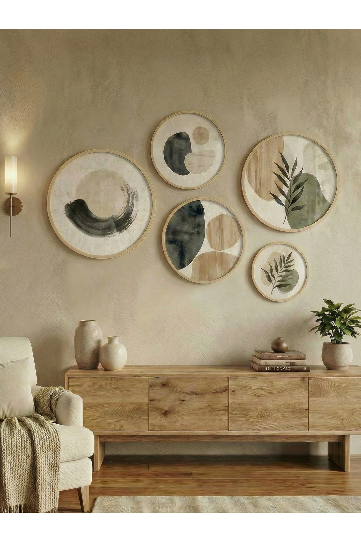 Wabi Sabi 5-Piece Round Painting Set - Natural Birch Wooden Framed Japandi Wall Decor Huhu874
