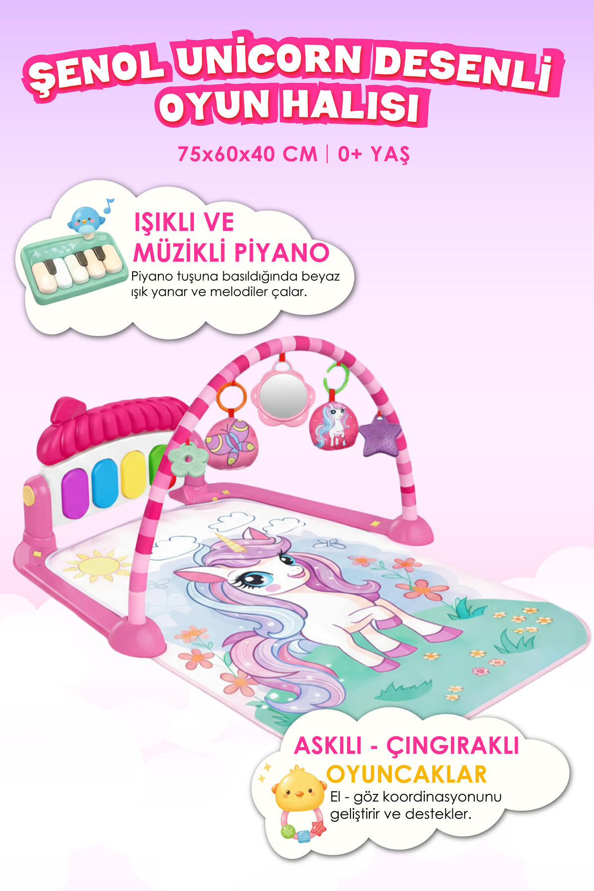 Unicorn Patterned Baby Play Rug with Piano - Activity Rug with Educational Music (0-24 Months)