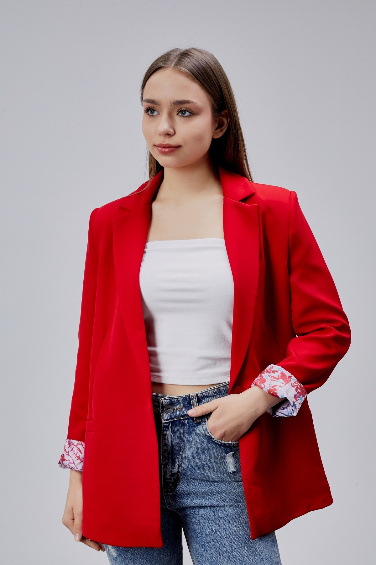 Bolivente  Kırmızı Kruvaze Yaka Kolu Katlama Detaylı Regular Vatkalı Blazer Ceket - Görsel 8