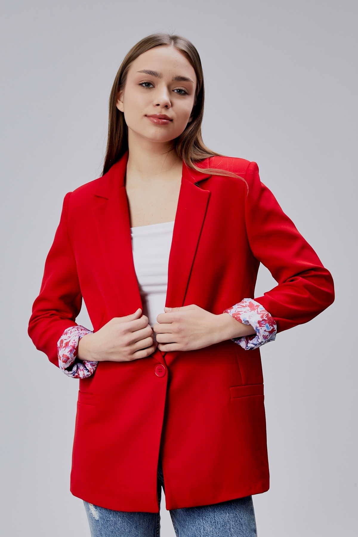 Bolivente  Kırmızı Kruvaze Yaka Kolu Katlama Detaylı Regular Vatkalı Blazer Ceket