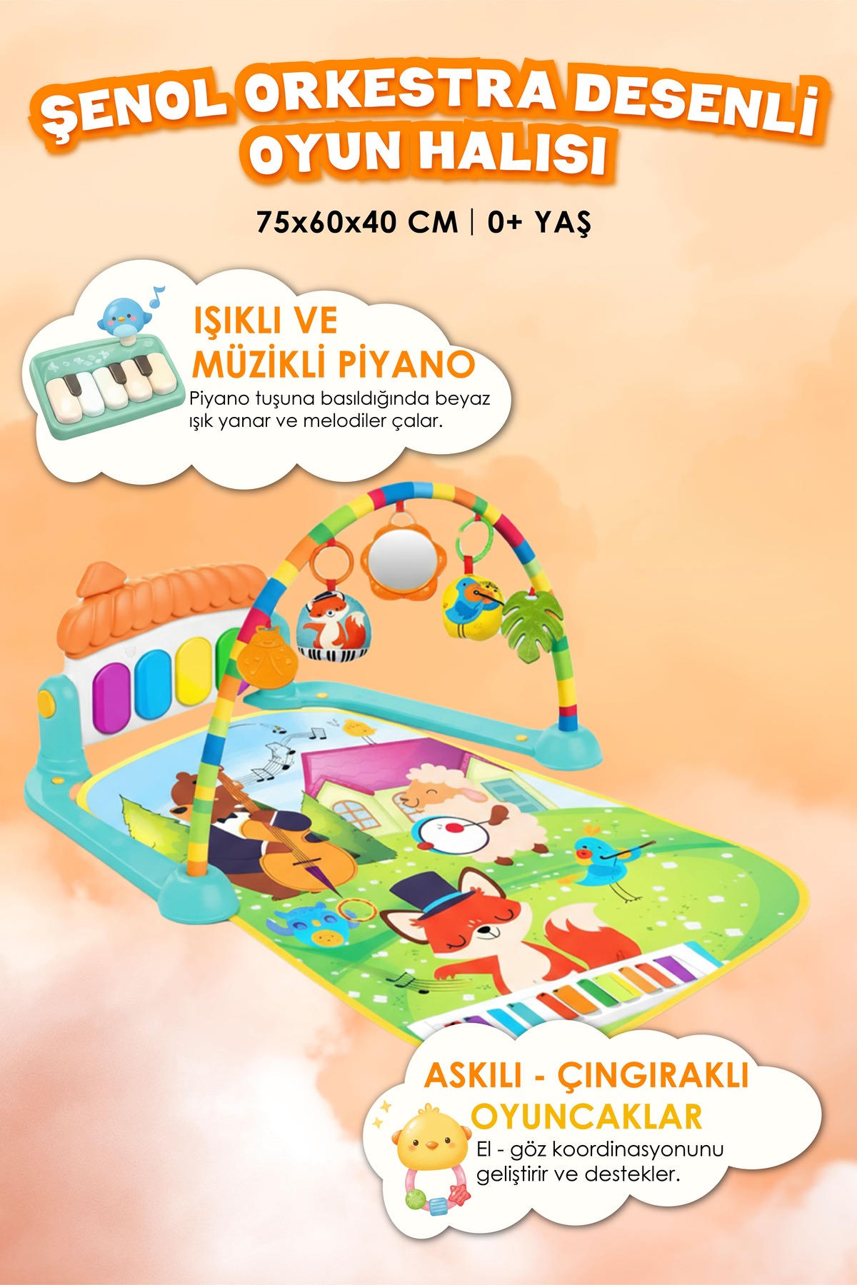 Piano Orchestra Patterned Baby Play Rug- Activity Rug with Educational Music (0-24 Months)