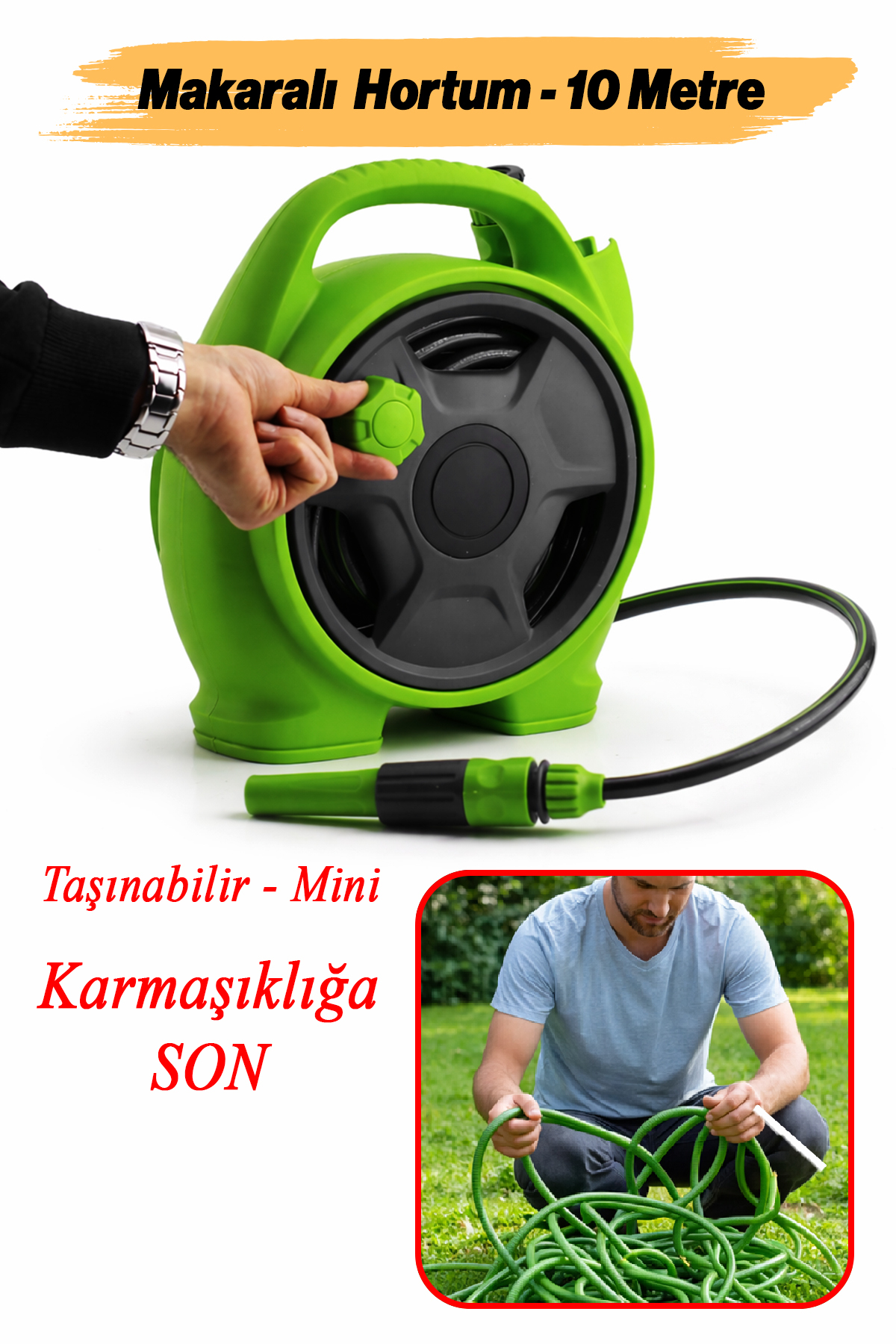 Badem10 Taşınabilir Makaralı 10 Metre Mini Makaralı Hortum Seti Bahçe Su Hortumu 5/16" Sulama Araç Yıkama