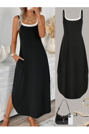 DRESSIFY WOMEN’S FASHION Kadın İp Askılı Yuvarlak Yaka Cepli Uzun Viskon Elbi...