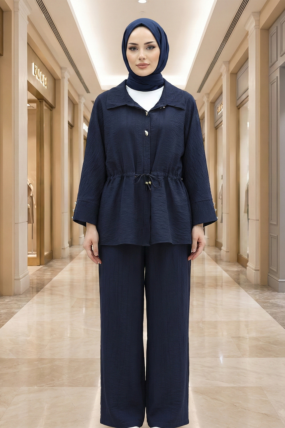 Women's Cap Blouse and Pants Set - Cotton Crinkle Fabric - Navy Blue