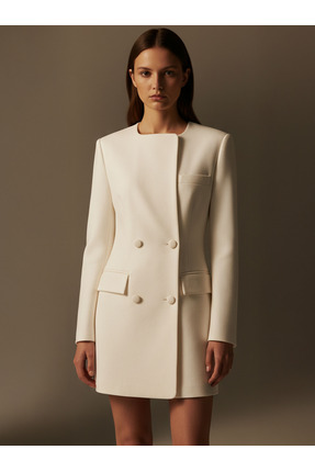 Rivus Düğme Detaylı ve Dik Omuzlu Ceket Elbise - Ekru