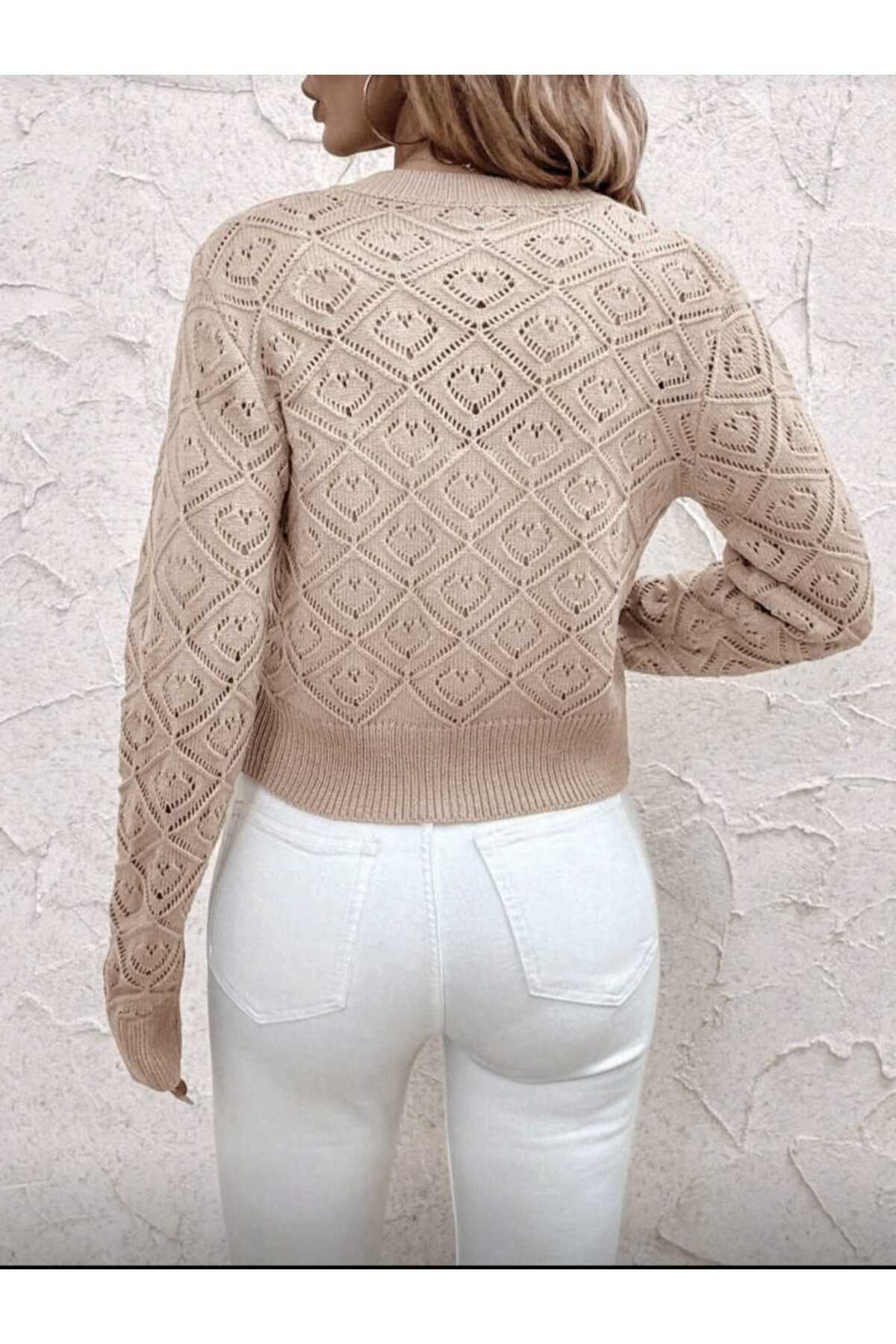 Gülçin Coşkun  Baklava Desen Düğmeli Ajurlu Bisiklet Yaka Ara Boy %100 Pamuk Kadın Triko Hırka - Görsel 5