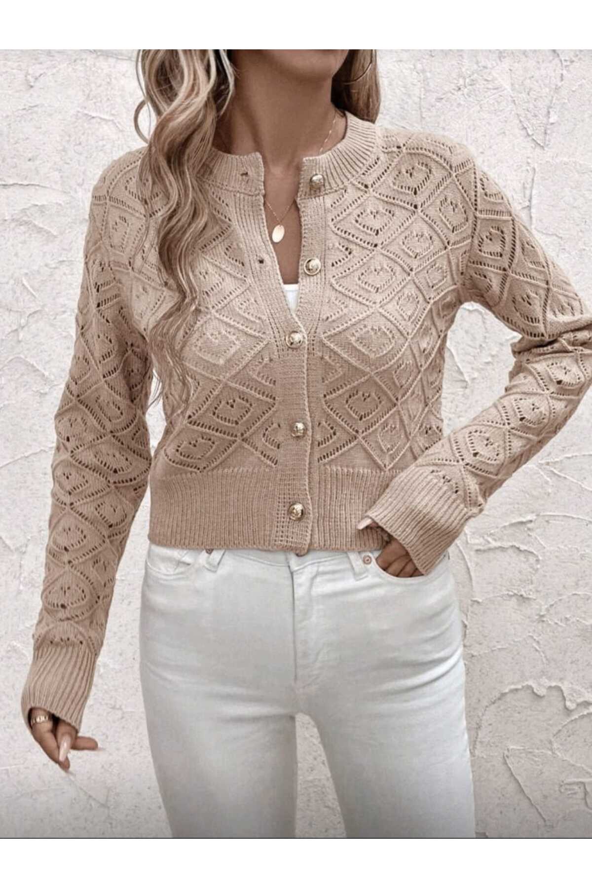 Gülçin Coşkun  Baklava Desen Düğmeli Ajurlu Bisiklet Yaka Ara Boy %100 Pamuk Kadın Triko Hırka - Görsel 2