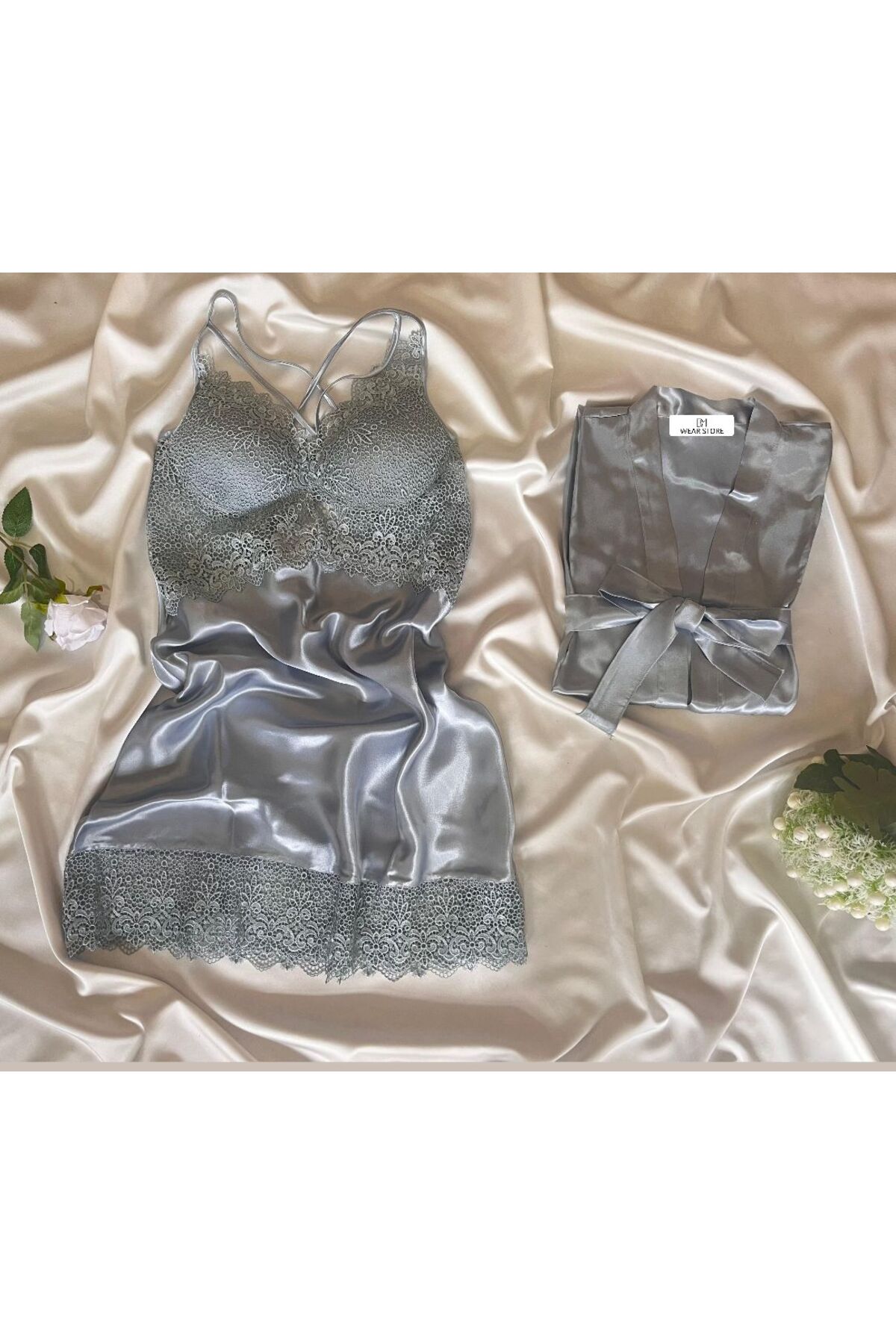 B&M STORE Kadın 2’li Sabahlık Saten Gecelik Seti