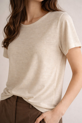 SİEMPRE CO Kadın Simli Çizgili Bej Bisiklet Yaka Kısa Kollu Tshirt