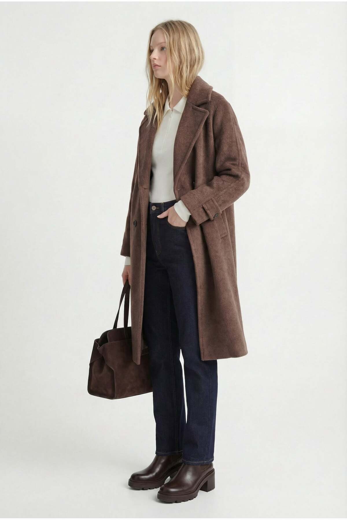 PAULMARK  Kadın Kruvaze Kapama Kaşe Kaban - Görsel 4