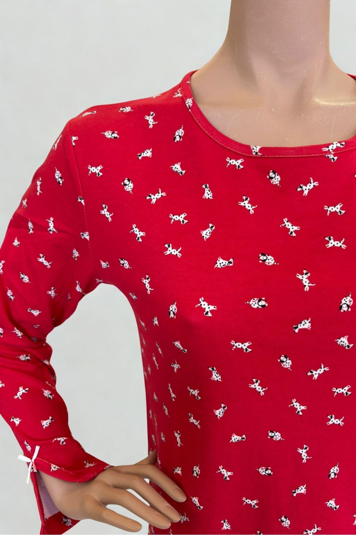 Villager&Son Vs Desenli O Yaka Penye U.kol Gecelik 26k Evm Kırmızı Köpek Desenli