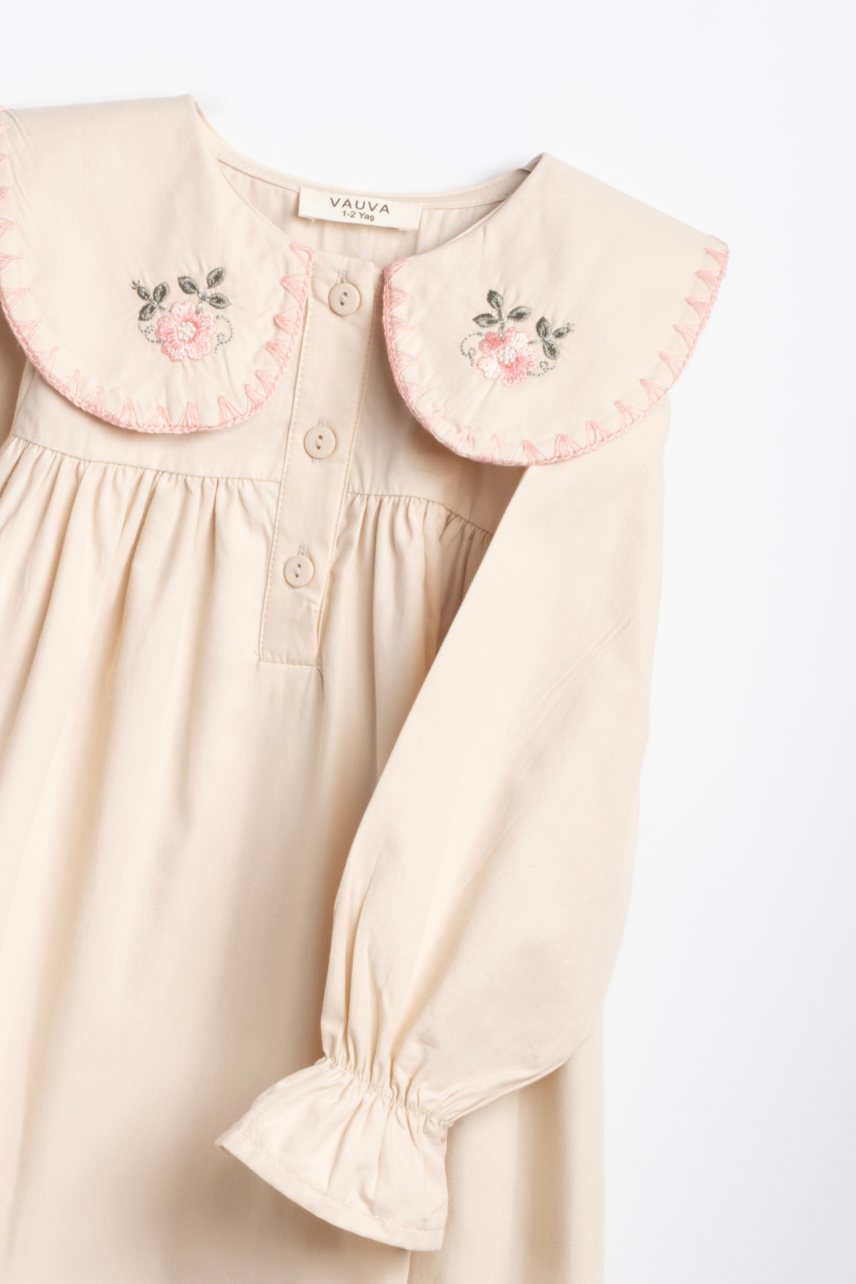 Vauva Kız Çocuk Elbise Uzun Kollu Nakış Detaylı Düğmeli Bayramlık Elbise fotoğrafı 3 (önizleme)