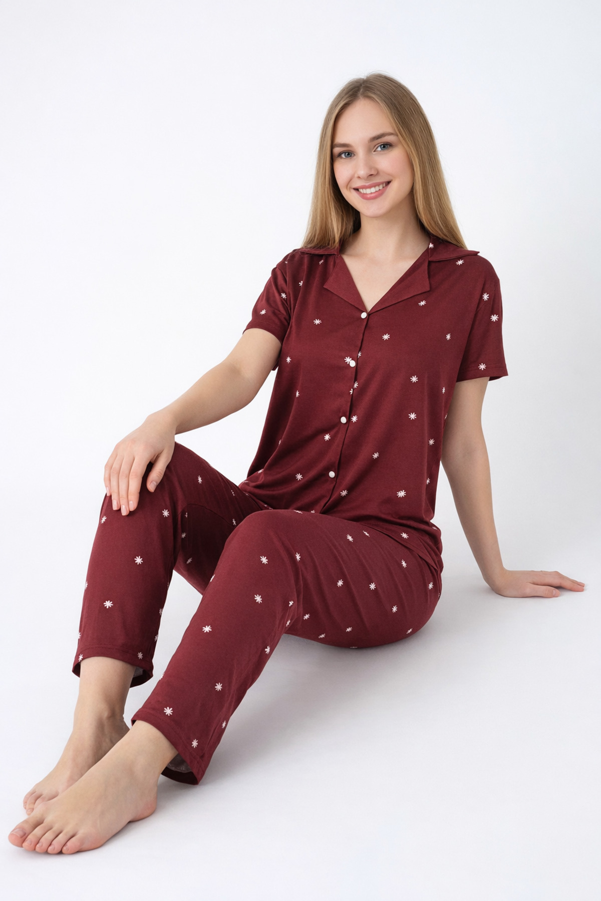 Wega Moda Women's Snowflake Patterned 100% Cotton Shirt Collar Short Sleeve Buttoned Pajama Set