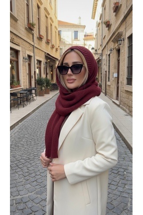 moimaaksesuar Kadın Bordo Kapüşonlu Triko Atkı Yumuşak Dokulu Uzun Şal