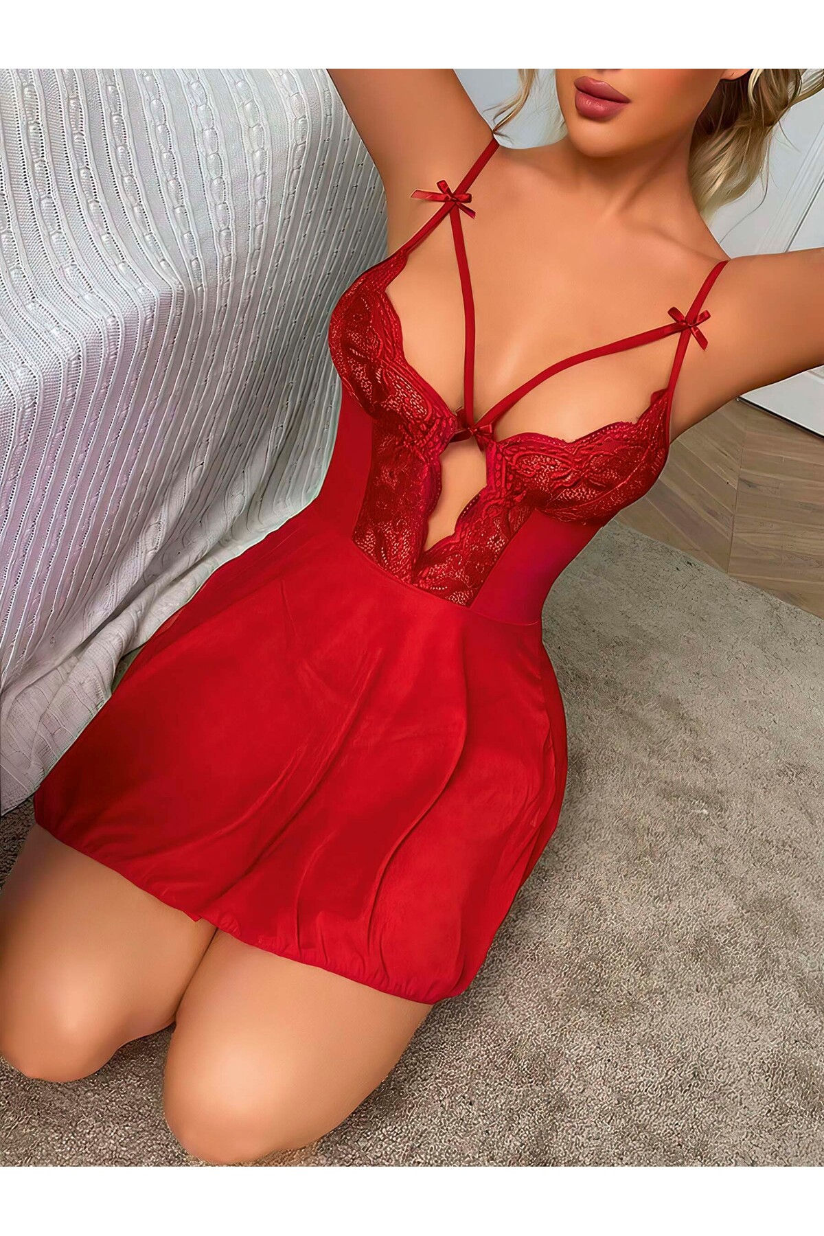 euro click Dantel Detaylı Babydoll Gecelik – Çapraz Askılı Sırt Dekolteli Seksi Kadın Gecelik