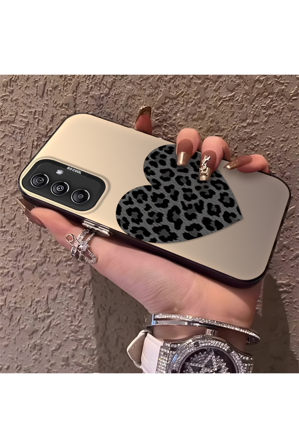 Samsung Galaxy M34 5G Compatible Silicone Edge Hard Back Anti Fall Phone Case Leopard Heart Pattern