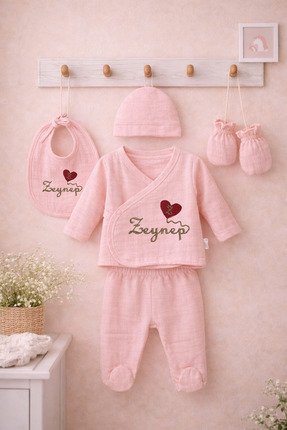 MERİWA Kişiye Özel İsim Nakışlı Müslim Bebek Hastane Çıkışı 5'li Set- %100 Pa...