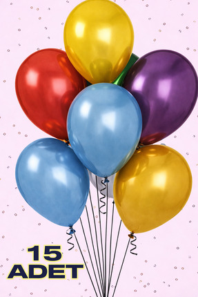 Renkli Party 15 Adet Metalik Karışık Renk Parlak Balon Doğum Günü Kutlama Süs...