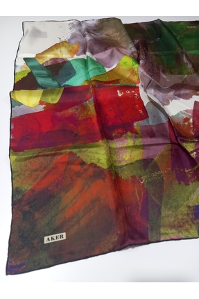 Aker Kırmızı Yeşil Soyut Desen Tivil Dokuma Saf İpek Eşarp-8289713-911-KVS0561