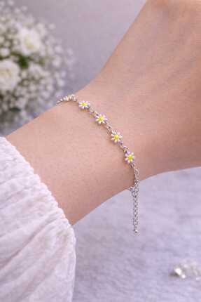 DASEMURA Silver Renk Metal Zincirli Sarı-Beyaz Mineli Kır Çiçeği Papatya Deta...