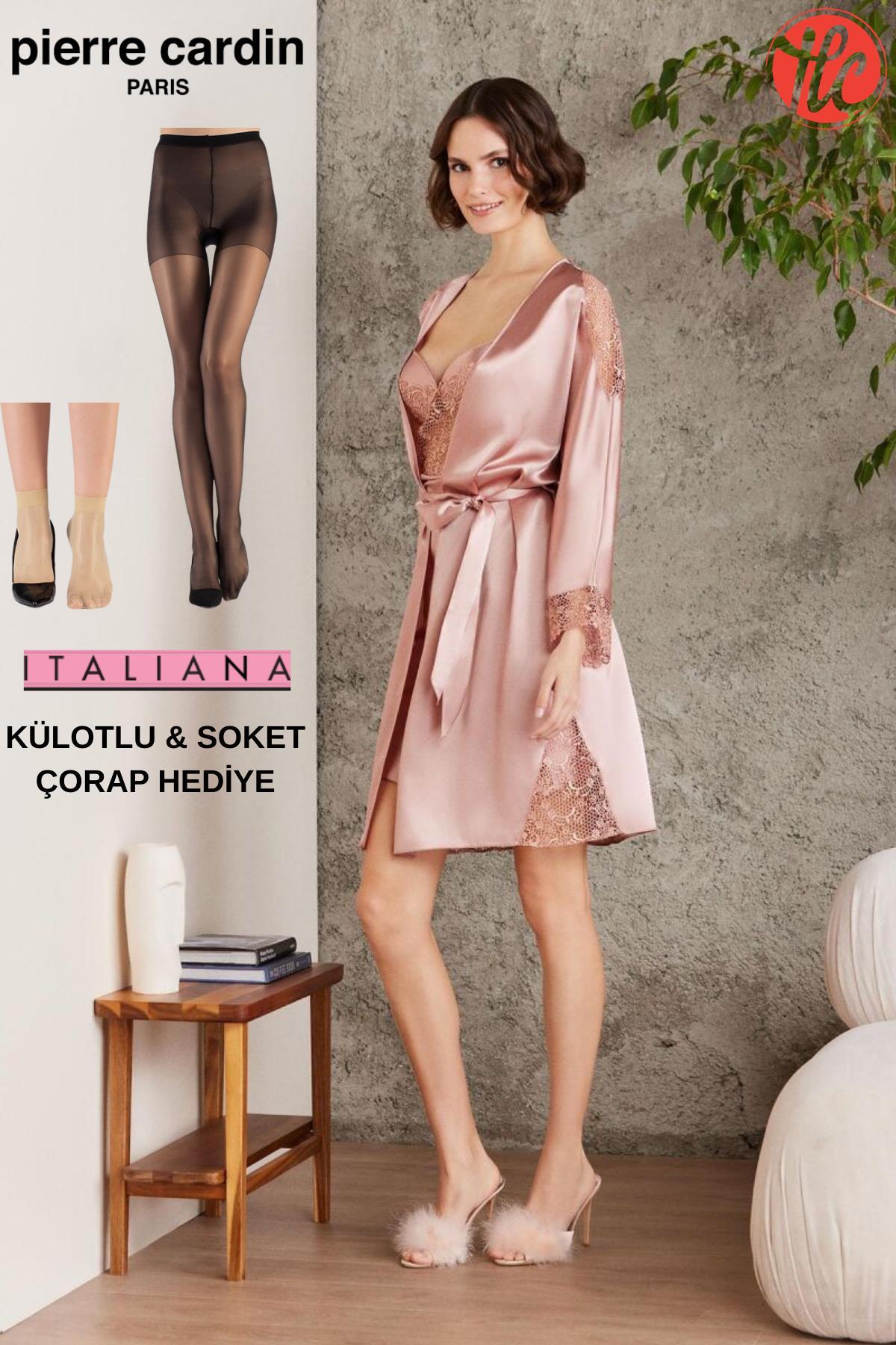 Pierre Cardin 6'lı Saten Gecelik Sabahlık Pijama Takım Şort Takım Gelin Çeyiz Seti 2X Çorap Hediyeli