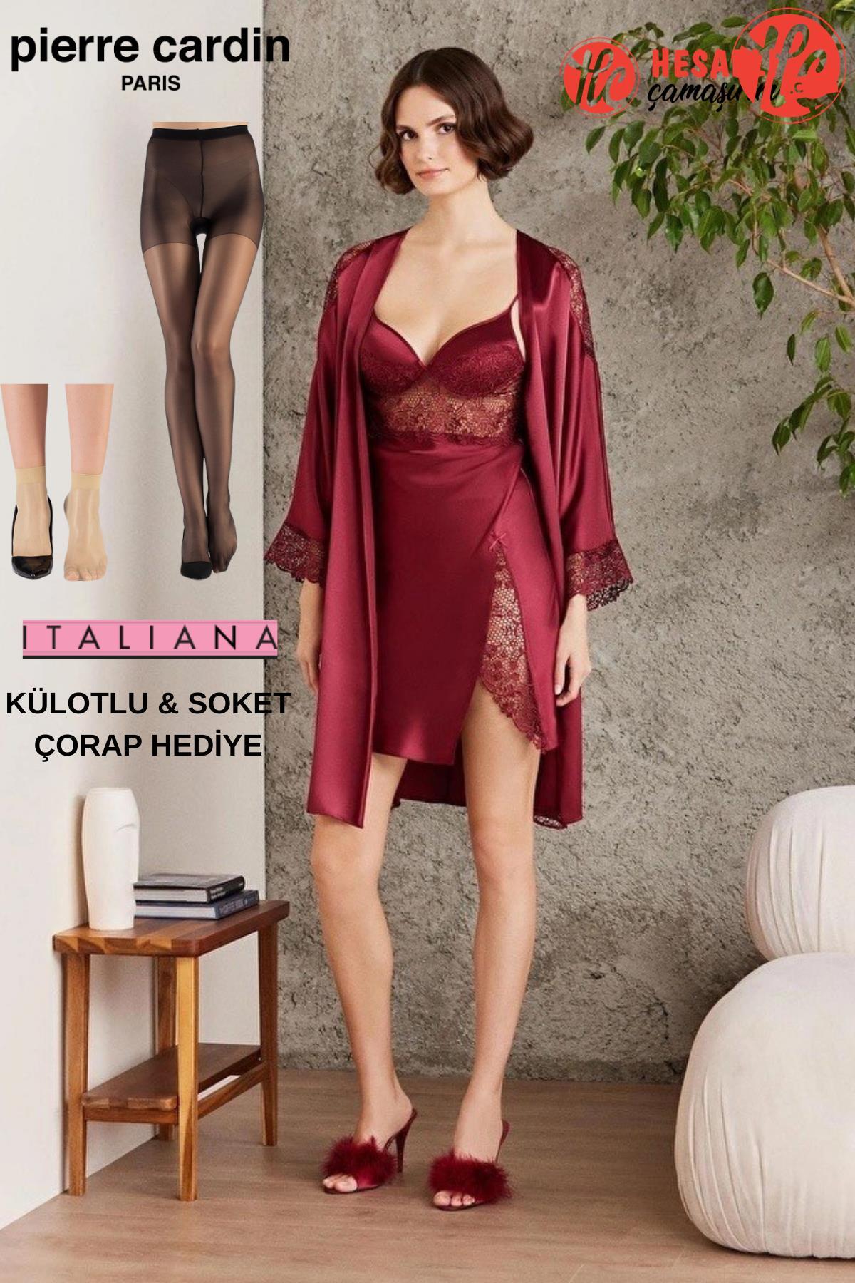 Pierre Cardin 6'lı Saten Gecelik Sabahlık Pijama Takım Şort Takım Gelin Çeyiz Seti 2X Çorap Hediyeli