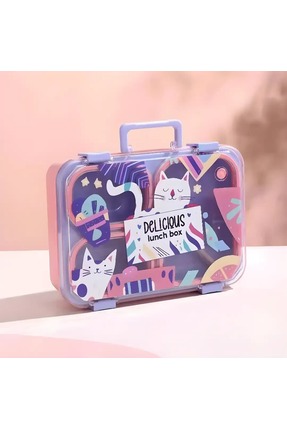 bentopia Renkli Kedi Desenli Beslenme Kutusu - 700 ml 3 Bölmeli Taşıma Kulplu...