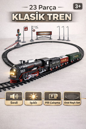 TRENDZONE Pilli Sesli Işıklı 23 Parça Klasik Tren Seti | Oval Raylı Oyuncak T...